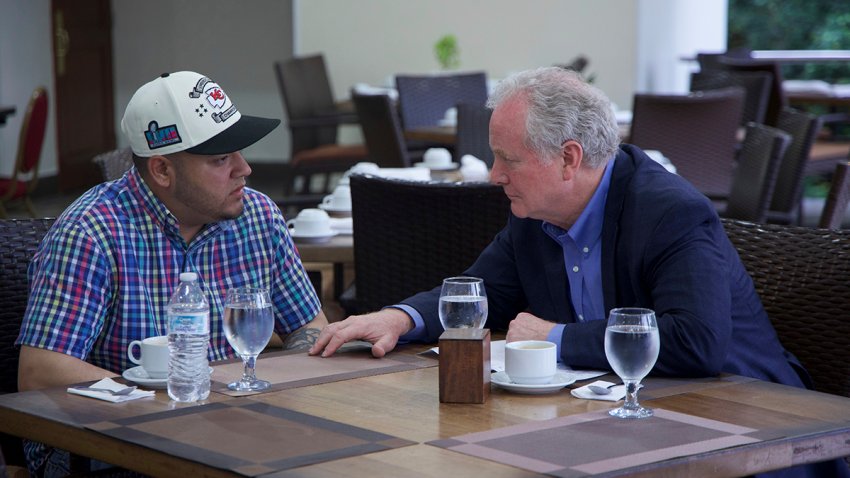 Maryland Sen. Chris Van Hollen, right, speaks with Kilmar Abrego Garcia, a Salvadoran citizen who was living in Maryland and deported to El Salvador by the Trump administration, in a hotel restaurant in San Salvador, El Salvador, Thursday, April 17, 2025.